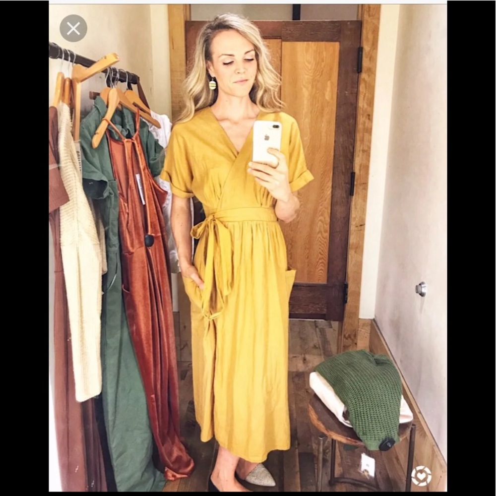 SOLD - UO gold yellow linen midi wrap dress